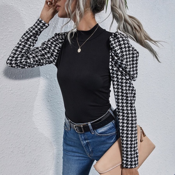 Tops - houndstooth puff long sleeve mock neck top
